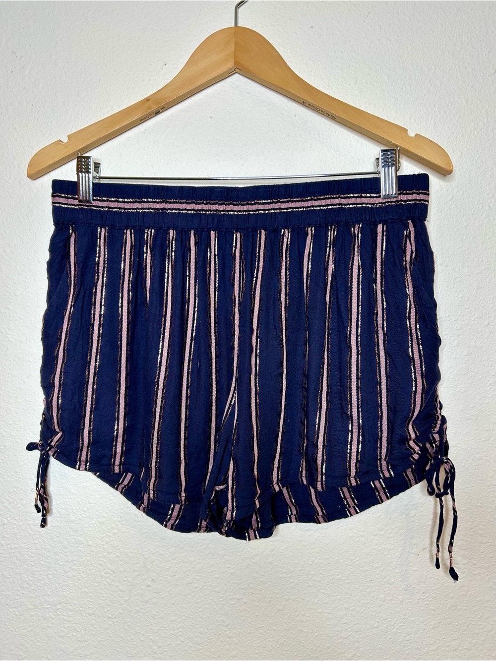 Anthropologie Navy & Pink Metallic Striped Woven Drawstring Shorts M